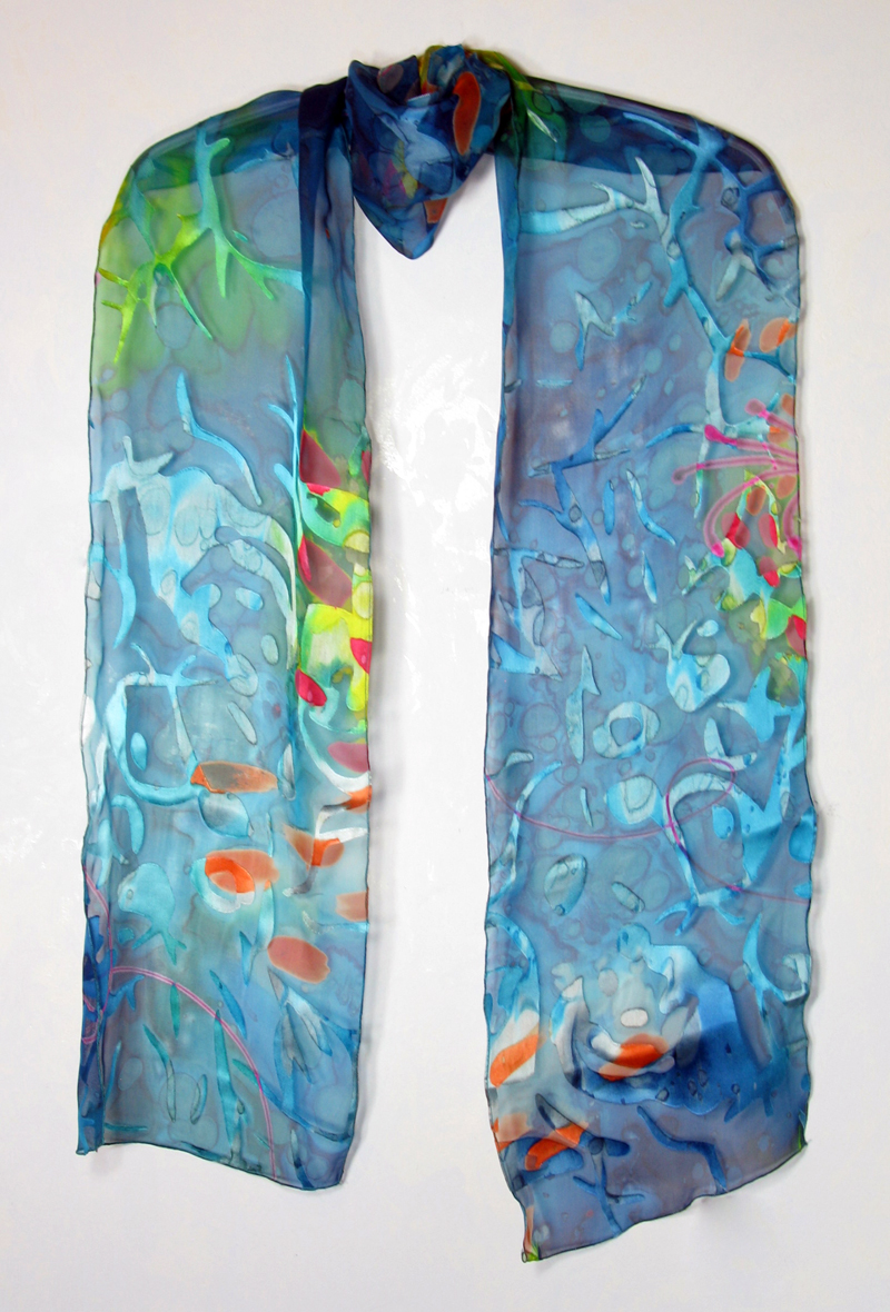Hand-painted silk/rayon scarf - Aqua Brights